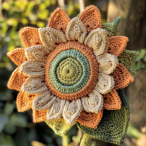 Crocheted sunflower with a bright center wearing a beautifully detailed crochet top cardigan