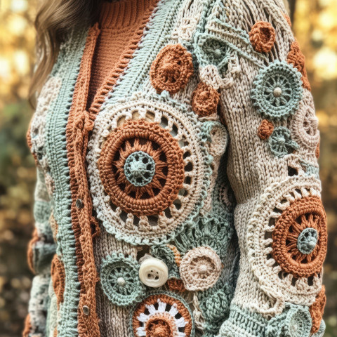 Gears interlocked in soft detail wearing a beautifully detailed crochet top cardigan