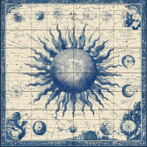 Sun and celestial charts in blue and white tile, azulejo style. Cosmic credence azulejos with azulejo arabesco patterns, symbolizing astronomy and the passage of time Sun and celestial charts in blue and white tile, azulejo style. Cosmic credence azulejos with azulejo arabesco patterns, symbolizing astronomy and the passage of time