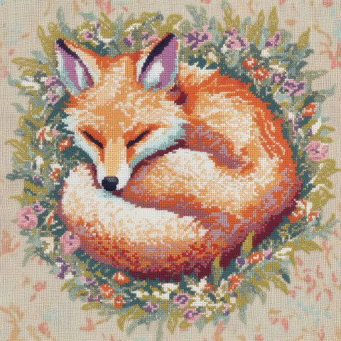 A cross stitched fox curled in cozy warmth A cross stitched fox curled in cozy warmth