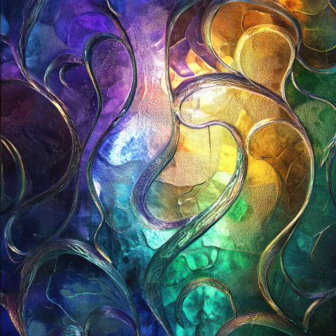 Carnival glass window glowing with radiant rainbow hues
