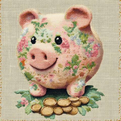 A cross stitched piggy bank filled with coins A cross stitched piggy bank filled with coins