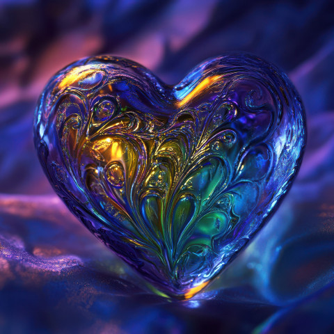 Carnival glass heart glowing with vibrant colors