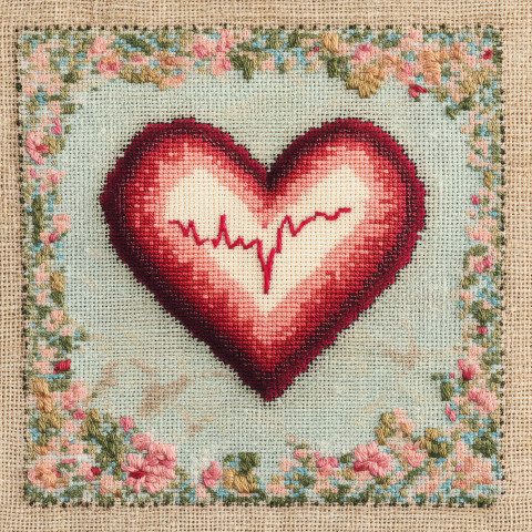 A cross stitched red heart with a heartbeat line A cross stitched red heart with a heartbeat line
