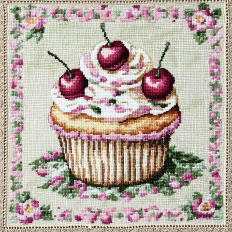 A cross stitched cupcake topped with cherries A cross stitched cupcake topped with cherries