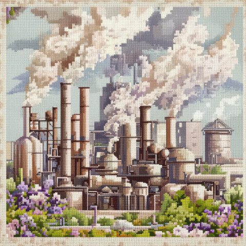 A cross stitched factory with steam rising from pipes A cross stitched factory with steam rising from pipes