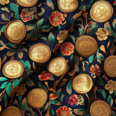 Gold coins resting on patterned silk with arabesque designs