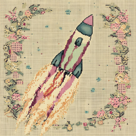 A cross stitched rocket soaring into space A cross stitched rocket soaring into space