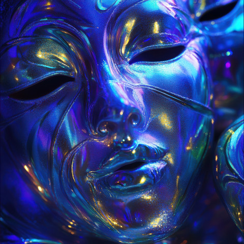 Carnival glass masks reflecting festival lights
