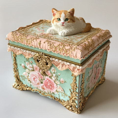 Cartonnage cat box with delicate fabric details Cartonnage cat box with delicate fabric details