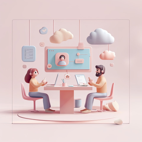 Two coworkers in separate spaces connect with video calls and cloud icons Two coworkers in separate spaces connect with video calls and cloud icons