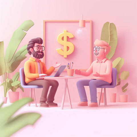 Two founders present a funding idea to an investor near a big dollar sign and briefcase Two founders present a funding idea to an investor near a big dollar sign and briefcase