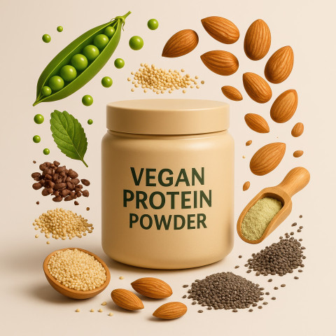 Protein powder tub surrounded by floating pea protein Protein powder tub surrounded by floating pea protein