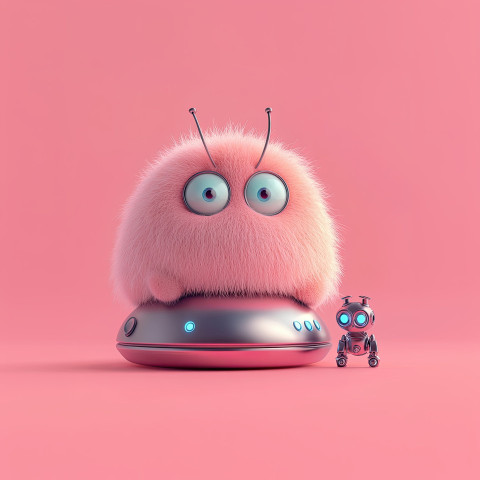 Fluffy pink alien with three eyes sitting on metallic pod Fluffy pink alien with three eyes sitting on metallic pod