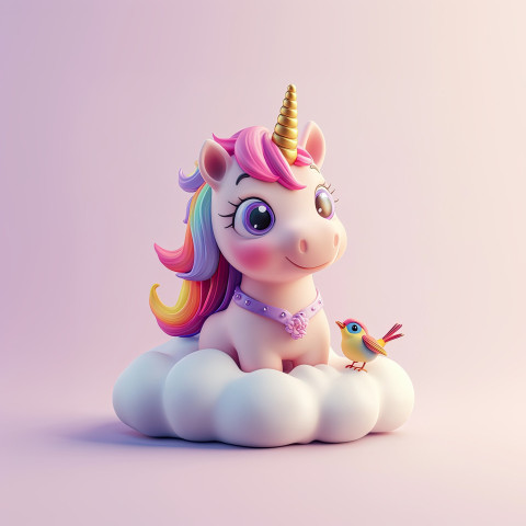 Fluffy pink unicorn with rainbow mane sitting on cloud Fluffy pink unicorn with rainbow mane sitting on cloud