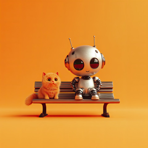 Shiny robot with red antenna sitting on park bench with fluffy orange cat nearby Shiny robot with red antenna sitting on park bench with fluffy orange cat nearby