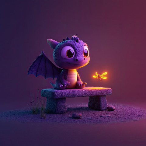 Purple dragon with green hat and glowing firefly sitting on stone bench Purple dragon with green hat and glowing firefly sitting on stone bench
