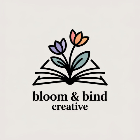 Open book logo with flowers blooming from pages in sleek black lines Open book logo with flowers blooming from pages in sleek black lines