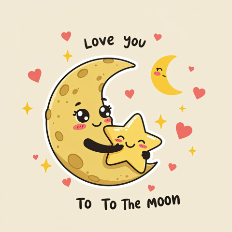 Smiling moon hugging star with twinkling hearts in sky Smiling moon hugging star with twinkling hearts in sky
