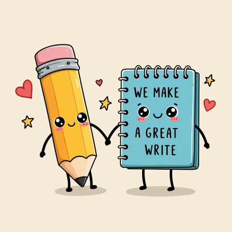 Bouncing pencil and notebook holding hands with heart doodles and stars Bouncing pencil and notebook holding hands with heart doodles and stars