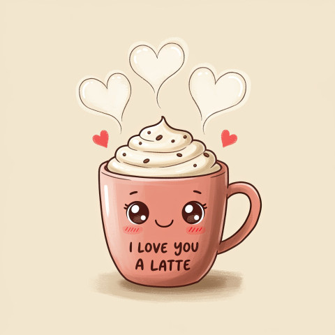 Smiling coffee cup with whipped cream and heart-shaped steam Smiling coffee cup with whipped cream and heart-shaped steam