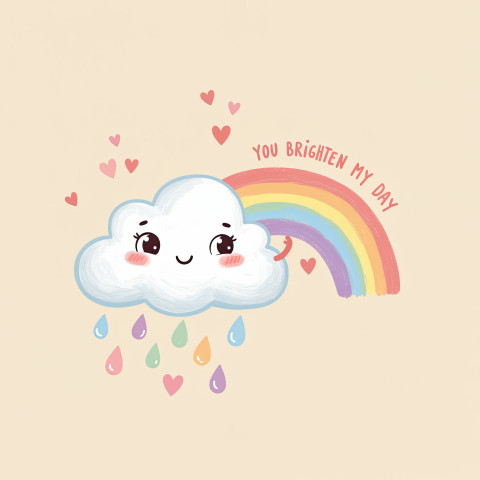Happy cloud cuddling rainbow with heart raindrops and shiny cheeks Happy cloud cuddling rainbow with heart raindrops and shiny cheeks
