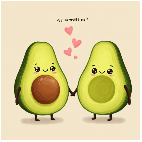 Cute avocado halves holding hands with shiny eyes and pink hearts Cute avocado halves holding hands with shiny eyes and pink hearts