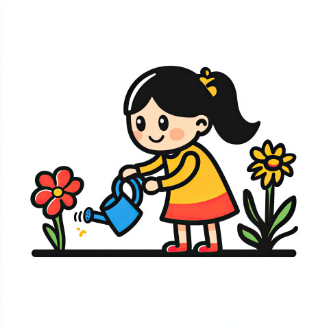 Smiling girl watering flowers in garden Smiling girl watering flowers in garden