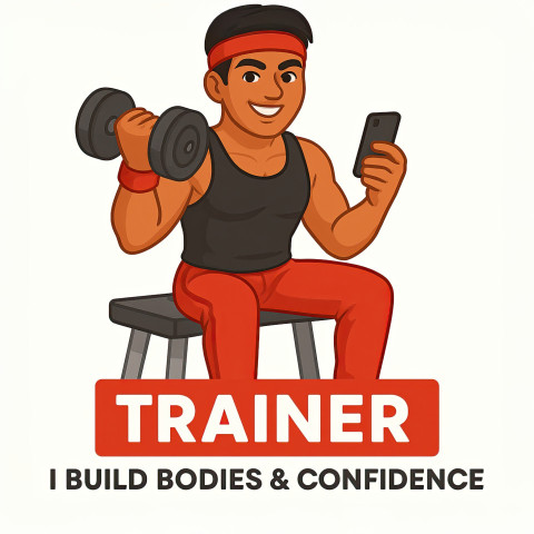 Indian fitness trainer man on gym bench holding dumbbell and smartphone Indian fitness trainer man on gym bench holding dumbbell and smartphone