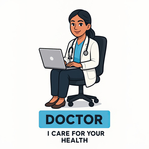 Indian woman doctor with stethoscope using a laptop on office chair Indian woman doctor with stethoscope using a laptop on office chair