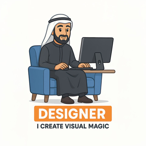 Arabic graphic designer man in traditional Muslim attire sitting on a couch using a desktop Arabic graphic designer man in traditional Muslim attire sitting on a couch using a desktop