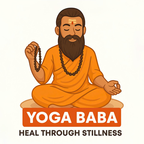 Indian yoga guru man in saffron robe with japa mala beads sitting cross-legged Indian yoga guru man in saffron robe with japa mala beads sitting cross-legged