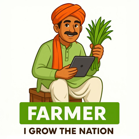 Indian farmer man in dhoti and kurta with red gamcha and orange turban holding crops and a tablet Indian farmer man in dhoti and kurta with red gamcha and orange turban holding crops and a tablet, proud and smiling, blending tradition with technology