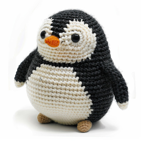 Cute round penguin with tiny wings and soft yarn texture in amigurumi style