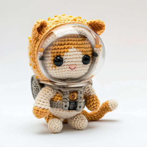 Tiny yarn cat in a clear helmet space suit with soft texture