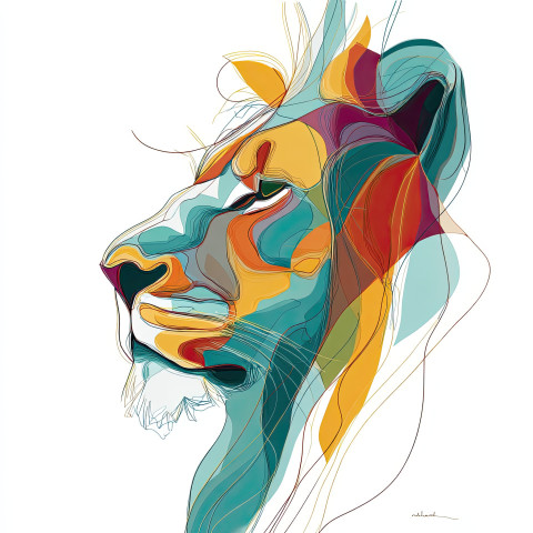 Calm lion with soft face and flowing lines