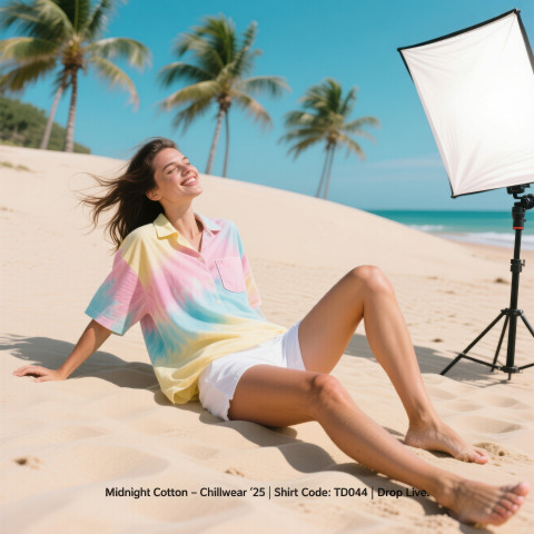 Young woman in pastel tie dye shirt and white shorts relaxing barefoot on tropical beach dune Young woman in pastel tie dye shirt and white shorts relaxing barefoot on tropical beach dune