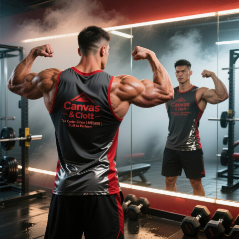Man in sleeveless muscle tee flexing arms at gym mirror with fog light weight racks and workout gear intense training mood clothing brands chat gpt prompts Man in sleeveless muscle tee flexing arms at gym mirror with fog light weight racks and workout gear intense training mood clothing brands chat gpt prompts