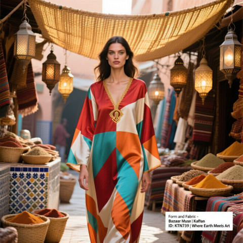 Female model in silk kaftan with geometric print standing under canopy in Moroccan spice market Female model in silk kaftan with geometric print standing under canopy in Moroccan spice market