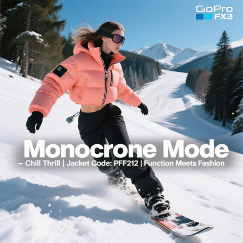Female model in coral puffer jacket snowboarding down white mountain slope under blue sky Female model in coral puffer jacket snowboarding down white mountain slope under blue sky