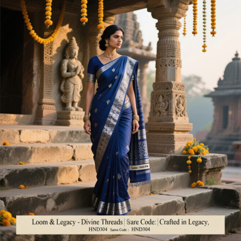 Female model in handloom indigo saree with silver details standing on temple steps at dawn Female model in handloom indigo saree with silver details standing on temple steps at dawn