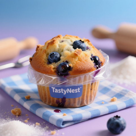 Blueberry muffin in transparent plastic pack on napkin with baking tools blurred behind Blueberry muffin in transparent plastic pack on napkin with baking tools blurred behind