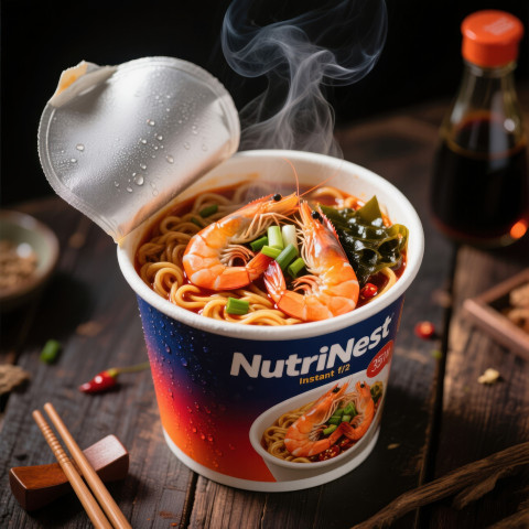 Top view instant noodle cup opened with shrimp Top view instant noodle cup opened with shrimp