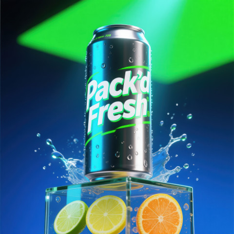 Dramatic low angle slim energy drink can with citrus slices reflection Dramatic low angle slim energy drink can with citrus slices reflection