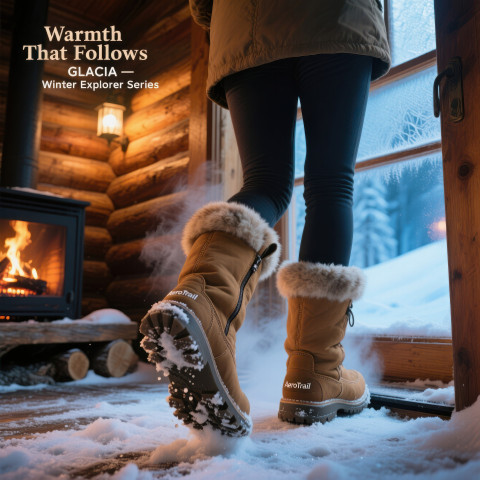 Woman entering a wooden cabin after a snow hike in warm tan boots with fur trim Woman entering a wooden cabin after a snow hike in warm tan boots with fur trim