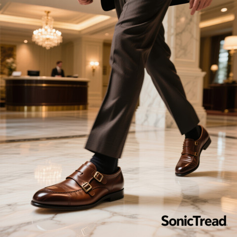 Male model walking across a marble hotel lobby in polished monk strap shoes Male model walking across a marble hotel lobby in polished monk strap shoes