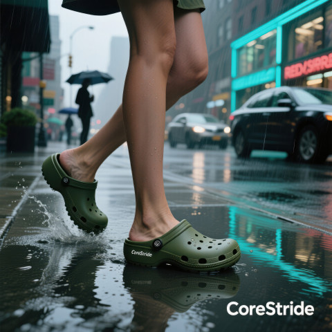 Female model stepping on wet sidewalk in rain wearing olive waterproof clogs Female model stepping on wet sidewalk in rain wearing olive waterproof clogs