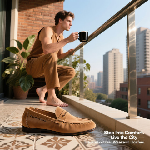 Man on balcony sipping coffee in suede loafers Man on balcony sipping coffee in suede loafers