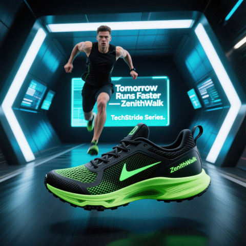 Runner mid air stride in neon tech running shoes inside glowing led tunnel Runner mid air stride in neon tech running shoes inside glowing led tunnel