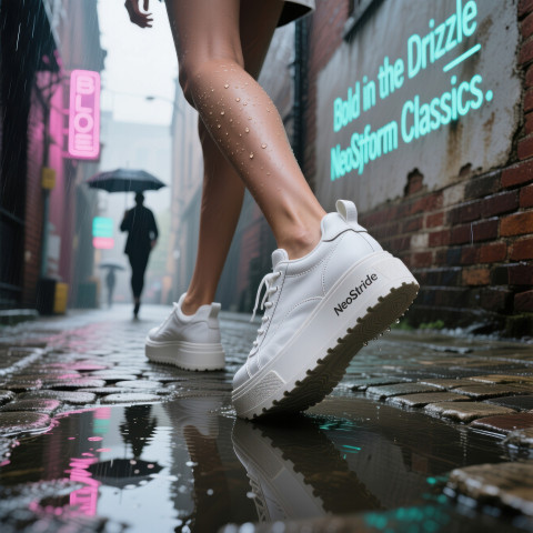 Woman walking in crisp white platform sneakers on wet cobblestone alley Woman walking in crisp white platform sneakers on wet cobblestone alley